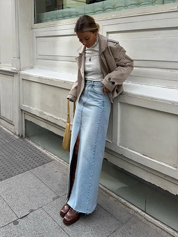 Sonicelife Spring Summer 2024 Women High Waist Vintage Solid Straight Maxi Denim Skirt With Slit