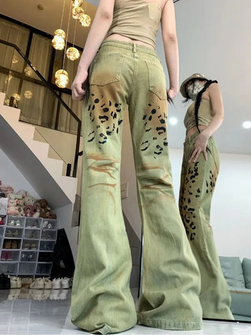 Sonicelife American Retro Washed Leopard Print Denim Pants Y2k E-Girl High Waist Straight Trousers 2024 Sumemr New Bell Bottom Jeans