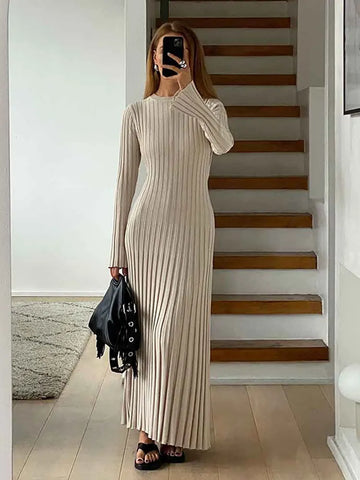 Back To School Sonicelife Women Elegant Solid Pleated Knitted Maxi Dress Casual Round Neck Long Sleeve Lace Up Dresses 2024 Autumn Lady High Street Robes