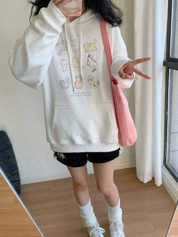 Black Friday Sonicelife Kawaii Cat Print Hooded Sweatshirt Women Cutecore White Long Sleeve Hoodies Oversize Tops Preppy Style Soft Girl Clothes