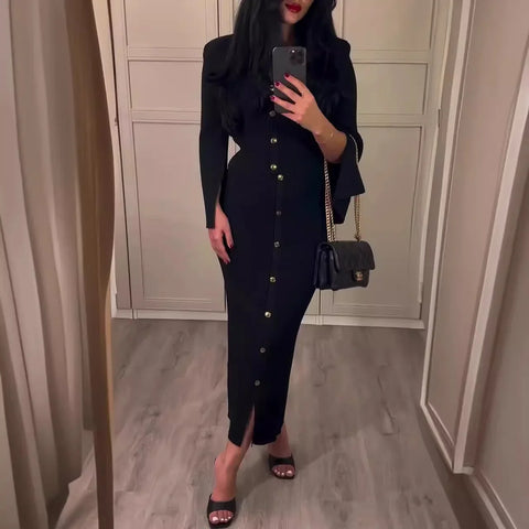 Sonicelife Two Piece Set Women Outfits Casual Tops Slim Fit Long Skirt Suit Round Collar Blouse Buttons Split Skirts Sets Female Ensemble