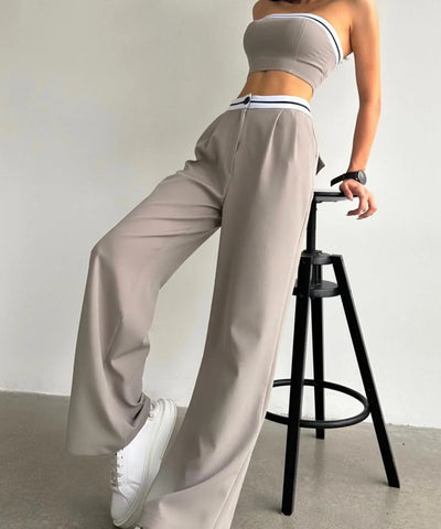 Sonicelife Sleeveless Crop Top and High Waist Wide Leg Trousers Casual Set