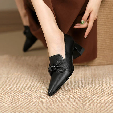 Sonicelife NEW Spring/Autumn Women Pumps Genuine Leather Shoes for Women Pointed Toe Chunky Heel Shoes Concise Butterfly-knot Modern Shoes
