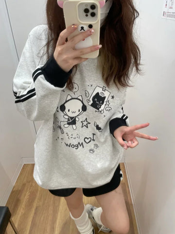 Black Friday Sonicelife Anime Cat Print Hoodies Women Kawaii Kitty Long Sleeve Sweatshirt Oversized Streetwear Stripe Grey Autumn Winter Clothes