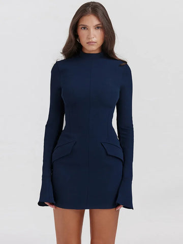 Sonicelife Dark Blue Two Pocket Sexy Mini Dress For Women 2024 Autumn Winter New Long Sleeve Bodycon Club Party Dress Elegant