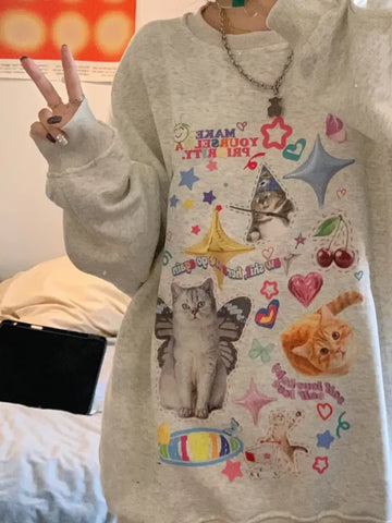 Back To School Sonicelife Kawaii Cat Print Hoodie Women Cutecore Long Sleeve Sweatshirt American Retro E-girl Kitten Angel Graphic Alt Clothes Y2k