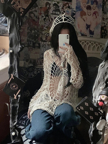 Black Friday Sonicelife Y2k Spider Web Hollow Out Sweaters Hole Crochet Knit Top Punk Grunge E-Girl Pullover Hoohed Streetwear Goth Mesh Clothes