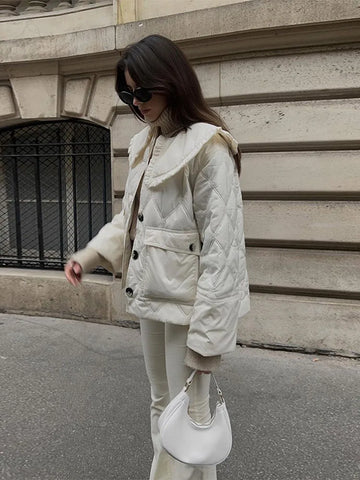 Back To School Sonicelife Women Elegant White Ruffled Lapel Cotton Coat Fashion Single Breasted Long Sleeve Warm Jacket Autumn/winter New Lady Short Coats