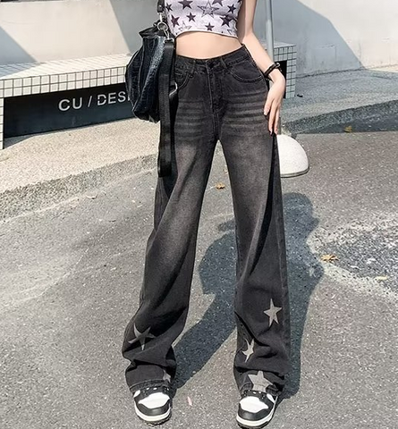 Sonicelife Distressed Star Print Wide-leg Jeans