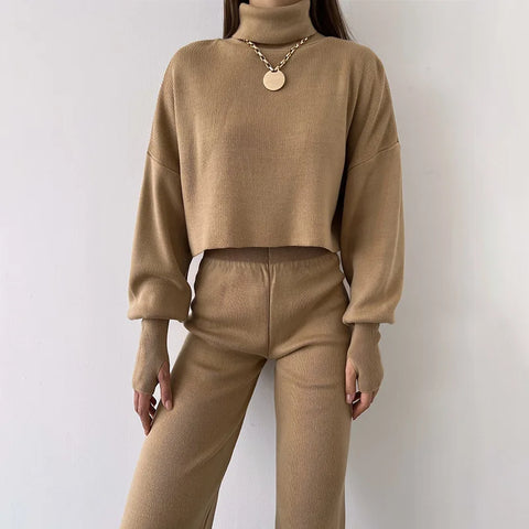 Sonicelife High Neckline Crop Top with Trousers Set