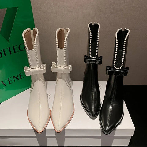 Sonicelife NEW Autumn Women Boots Split Leather Shoes for Women Pointed Toe Chunky Heel Shoes Bow-knot Zipper Mid-calf Boots Western Boots