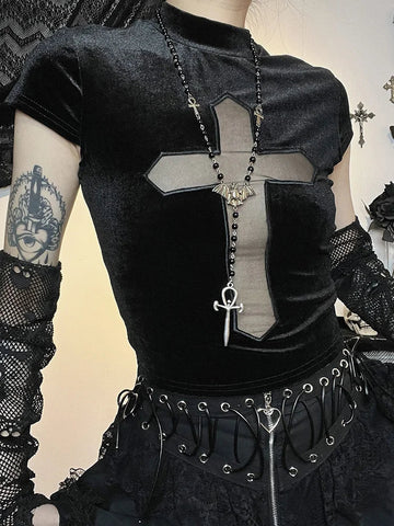 Sonicelife Women's Gothic Design Tops Summer New Mesh Splicing See-Through Cross Tank Top