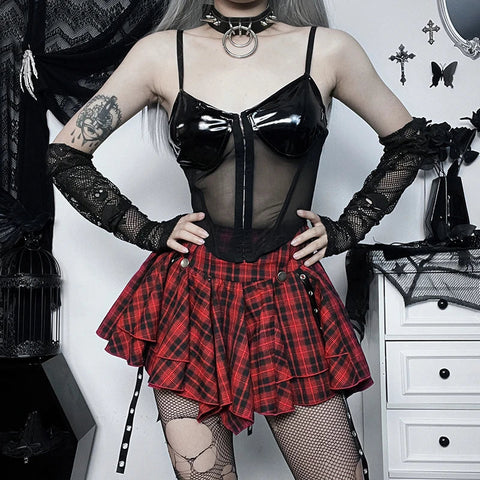 Sonicelife Women's Gothic Half-body Skirt Autumn New Women's Package Hip Short Skirt Dark Wind Sexy Hottie Slim Red Plaid Half Skirt Women