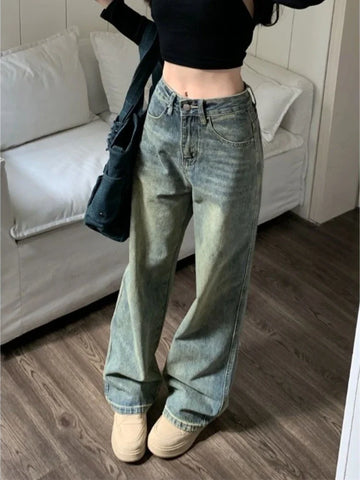 Sonicelife Y2k Baggy Wide Leg Jeans Women Vintage Streetwear Washed Denim Pants Grunge Basic Slouchy Blue Trousers Femme Spring