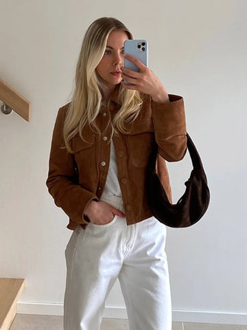 Sonicelife Casual Solid Color Suede Women's Short Jacket Single Breasted Slim Fit Long Sleeved Vintage Coats Chic Lady Fall Street Outwear