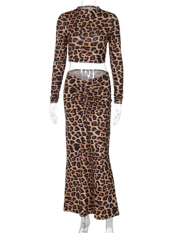 Sonicelife Women Sexy 2024 Spring Autumn Long Sleeve Crop Tops Long Skirts Leopard Two Piece Sets Wholesale Items For Business