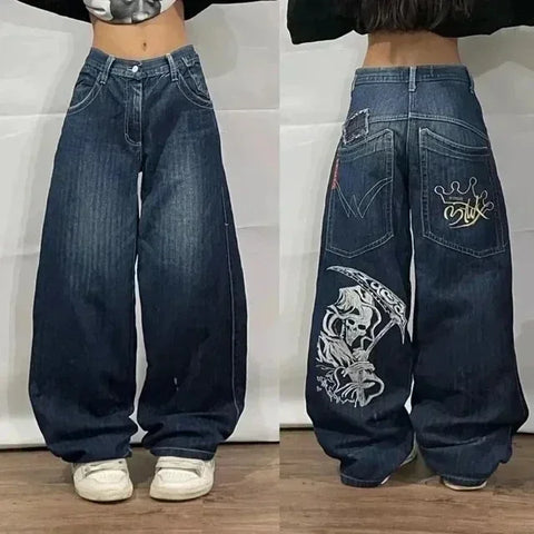 Sonicelife Y2k Hip Hop American Wide Leg Pants Gothic Zipper Skull Embroidered Jeans Men Harajuku Vintage High Waist Casual Jeans Unisex