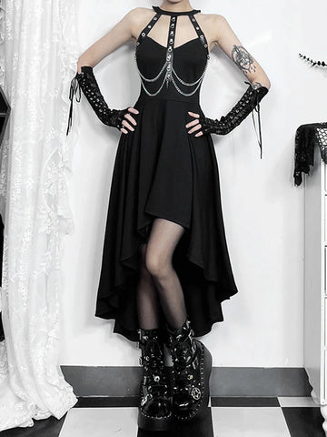 Sonicelife Women's Gothic Diablo Style Summer Long Dress 2024 New Hanging Neck Sleeveless Front Short Back Long Dresses