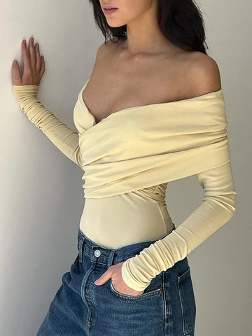 Sonicelife Off-shoulder Long Sleeve Sexy Bodysuits Women Tops Autumn New Solid Backless Ruched Bodysuit Ladies Elegant Tops