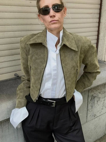 Sonicelife Women's Solid Color Lapel Chic Suede Short Jackets Casual Long Sleeved Zipper Pocket Coats Autumn New Ladies Street Outerwears