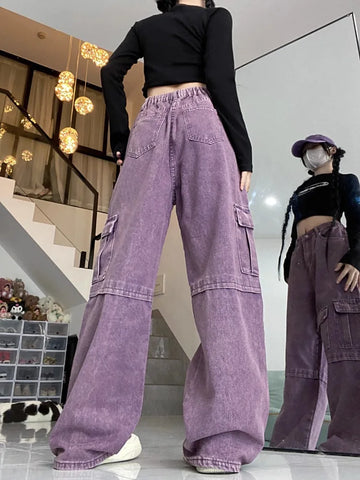 Sonicelife Oversize American High Waisted Cargo Pants for Women Y2k Loose Wide Leg  2024 Autumn New Multiple Pockets Trousers