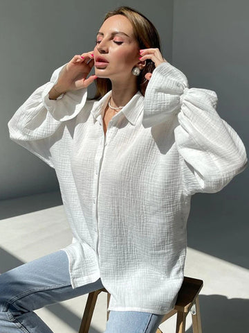 Sonicelife 2024 Autumn Winter Women Solid White Office Loose Shirt Long Sleeve Elegant Ladies Blouse For Woman