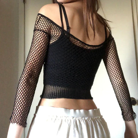 Sonicelife Harajuku Hollow Out See Through Crop Top Gothic Fishnet Mesh T-Shirts Grunge Mall Goth Women Summer Beach Cover-ups