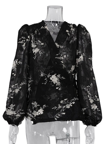 Sonicelife Aynaray 2024 Spring Summer Women Elegant Floral Black Mesh Chiffon Shirt Long Sleeve Ladies Sheer Blouse For Woman Female