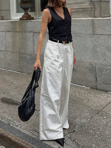 Sonicelife Spring Summer 2024 Women Striped Office Trousers High Waist Loose Wide Leg Flare Pants For Women