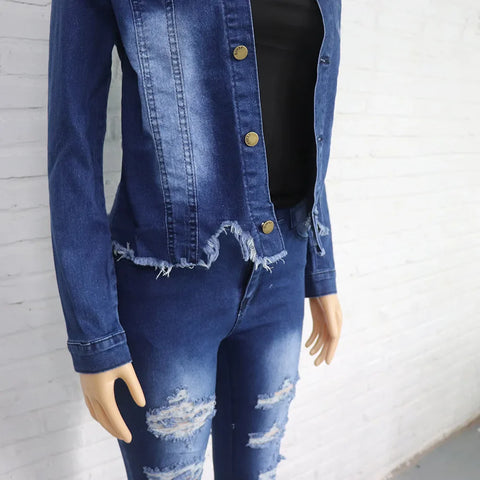 Sonicelife Matching Sets Denim Jackets Single Breasted Pant Sets Hole Ripped Pencil Pant Solid Slim Fit Pockets Streetwear 2024 Washed