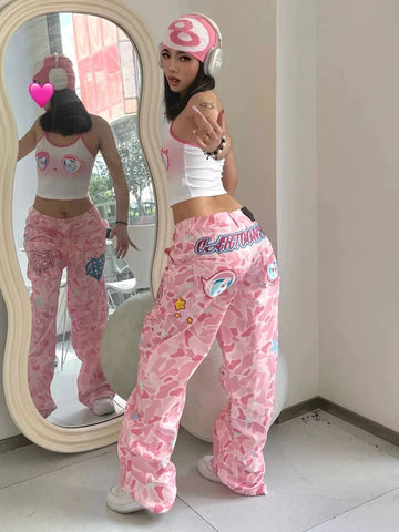 Sonicelife Pink Y2k Camouflage Denim Pants Women Hip Hop Vintage Baggy Embroidery Straight Wide Leg Jeans Streetwear Chic Trousers