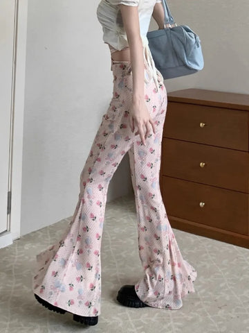 Sonicelife Sweet Floral Print Casual Pants for Women Sumemr Slim Fit Ruffles Flare  Y2k E-Girl High Waist Loose Wide Leg