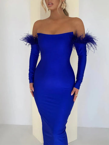 Sonicelife Elegant Off-shoulder Feather Sleeve Maxi Dress Women 2024 New Strapless Backless Bodycon Long Dress Vestido