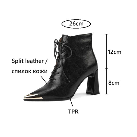 Sonicelife NEW Autumn/Winter Women Boots Split Leather Shoes for Women Pointed Toe Chunky Heel Shoes High Heel Modern Boots Lace-up Shoes