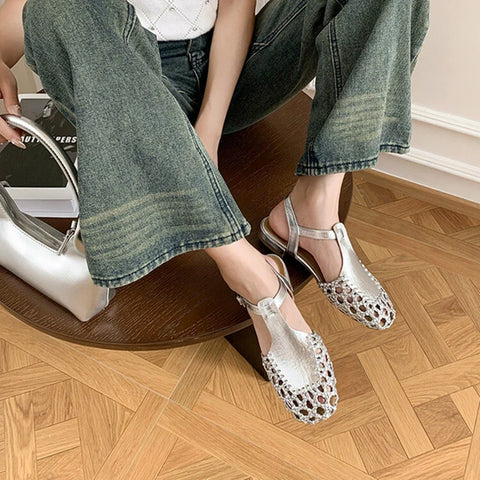 Sonicelife NEW Summer Women Sandals Split Leather Shoes for Women Round Toe Low Heel Shoes Hollow Sandals Cover Toe Slingback Designer Shoe