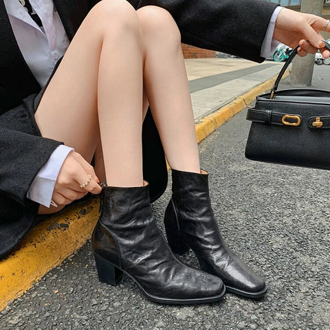 Sonicelife NEW Autumn Women Boots Square Toe Chunky Heel Boots Genuine Leather Shoes for Women Winter Modern Boots Elegent High Heel Shoes