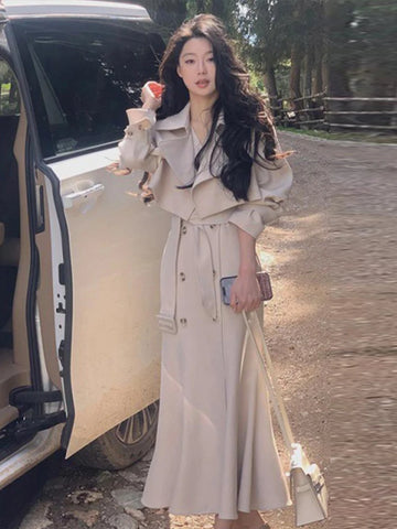 Sonicelife Chic Mermaid Dress Two Piece Sets Women Korean Lapel Short Trench Coat Outfits Female Elegant 2024 Spring Autumn Clothing Suit
