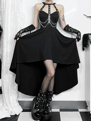 Sonicelife Women's Gothic Diablo Style Summer Long Dress 2024 New Hanging Neck Sleeveless Front Short Back Long Dresses