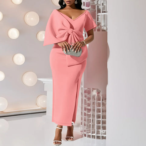 Sonicelife Evening Dresses for Women Party Long Dress Sexy Slim Fit Tight Waist Bows Splicing V Neck Solid Colour Split Vestidos Summer