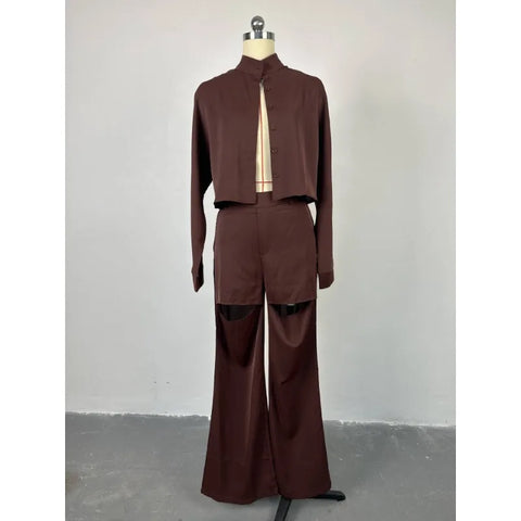 Sonicelife-Stand Neck Cropped Shirt Cutout Long Pants Suits