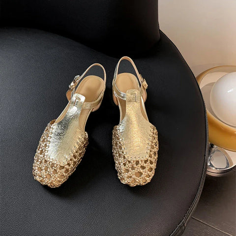 Sonicelife NEW Summer Women Sandals Split Leather Shoes for Women Round Toe Low Heel Shoes Hollow Sandals Cover Toe Slingback Designer Shoe