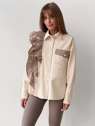 Sonicelife Aynaray 2024 Autumn Winter Women Elegant Ruffles Shirt Solid Khaki Casual Long Sleeve Blouse Female