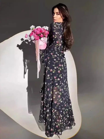 Sonicelife Eid Chiffon Party Dress Women Muslim Floral Print Jalabiya Ramadan Morocco Dresses Dubai Abaya Kaftan Vestidos Arab Long Robe
