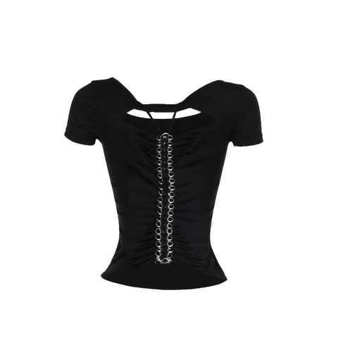 Sonicelife Women's Gothic Directional Design Tops New Punk Style Back Hollow Metal Receiving Short Sleeve T-Shirt