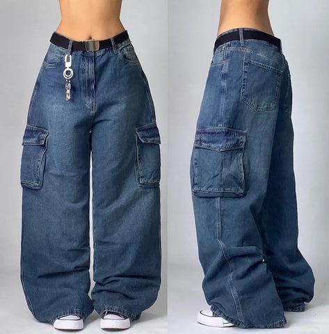 Sonicelife Street Vintage Jeans New Y2K Harajuku Wash Blue Multiple pockets Baggy Jeans Denim Pants Mens Womens High Waist Wide Trousers