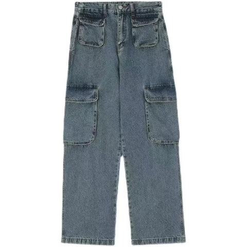 Sonicelife 2023 American New Y2K Retro Low-Waisted Tooling Multi-Pocket Women Jeans Spring And Autumn Straight Casual Loose Wide-Leg Pants