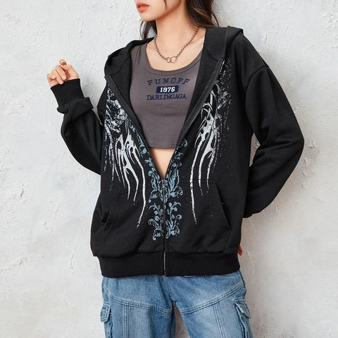 Sonicelife 2024 Fall Fashion Graphic Print Zip Up Hoodie 00s Retro Cyber Y2K Sweatshirt Wings Grunge Emo Goth Jacket Coat Women Men Aesthetic Streetwear