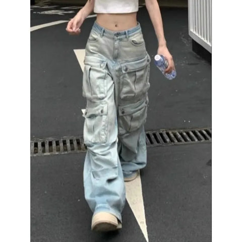 Sonicelife Street Vintage Multiple Pocket Denim Pants for Women 2024 Summer New Loose Wide Leg  Y2k E-Girl High Waist Straight Jeans