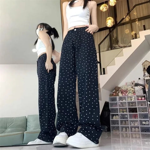 Sonicelife Black Polka Dot Straight Jeans Women High-waisted Loose Wide Leg Pants Autumn Winter Fashion Korean Y2k Streetwear Long Trousers