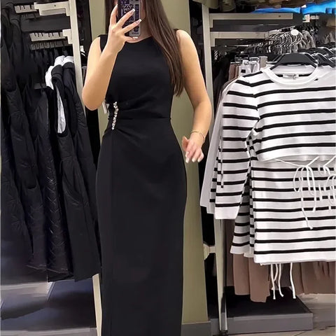 Sonicelife Dress Women Sexy Tassel Long Dress Sleeveless Slim Fit Wrap Hip Round Neck Elegant Splice Sheath Vestidos Solid Summer
